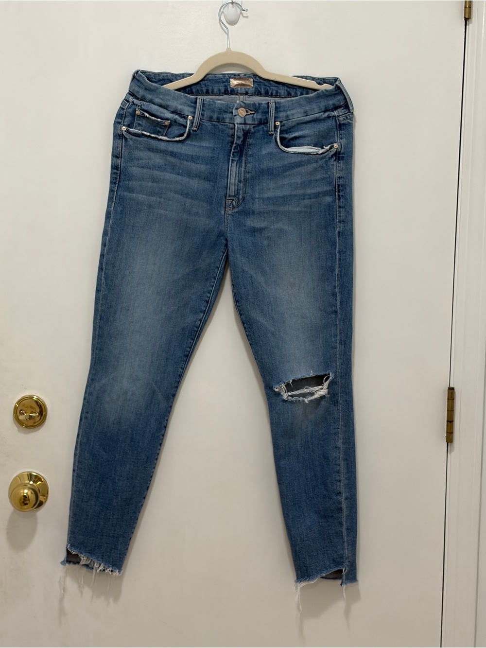 MOTHER Blue Distressed The Looker Ankle Step Fray Jeans